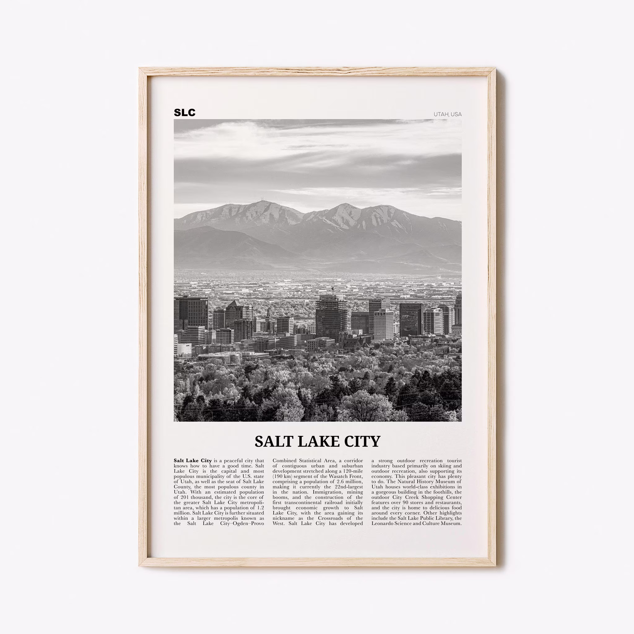Salt Lake City Print Black & White Skyline, Wall Art, Poster, Photo, Utah, Usa, United States North America