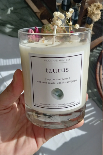 Taurus Handmade Birthday Horoscope Candle With Crystals - 70 Hours Burn Time & Free Shipping