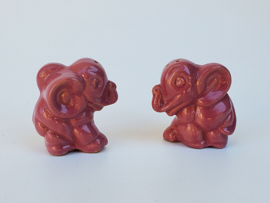 Vintage Niloak Art Pottery Elephant Salt & Pepper Shaker Set - Pink Glaze Red Clay Trunk Up Elephants