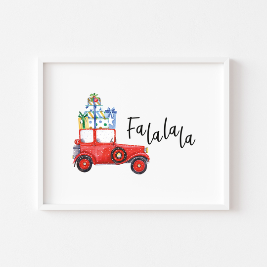Falalala Christmas Car Presents Watercolour Illustration Unframed Print|xmas Decor|Seasonal Decor|xmas Prints|Christmas Cars|xmas Quotes|Art