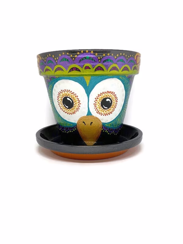 6 Inch Hand Painted Terra Cotta Planter With Matching Saucer, Black Metallic Owl