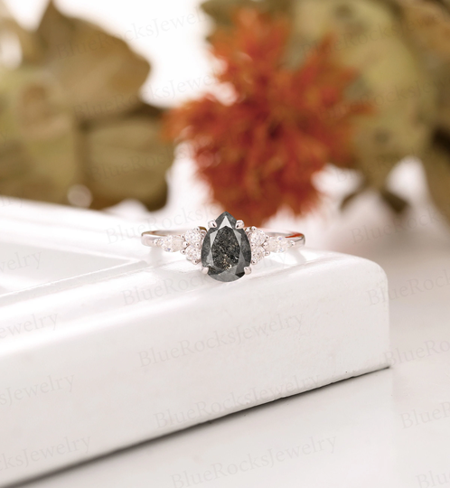 Pear Shaped Salt & Pepper Diamond Engagement Ring, Vintage White Gold Marquise Unique Prong Set Anniversary Ring