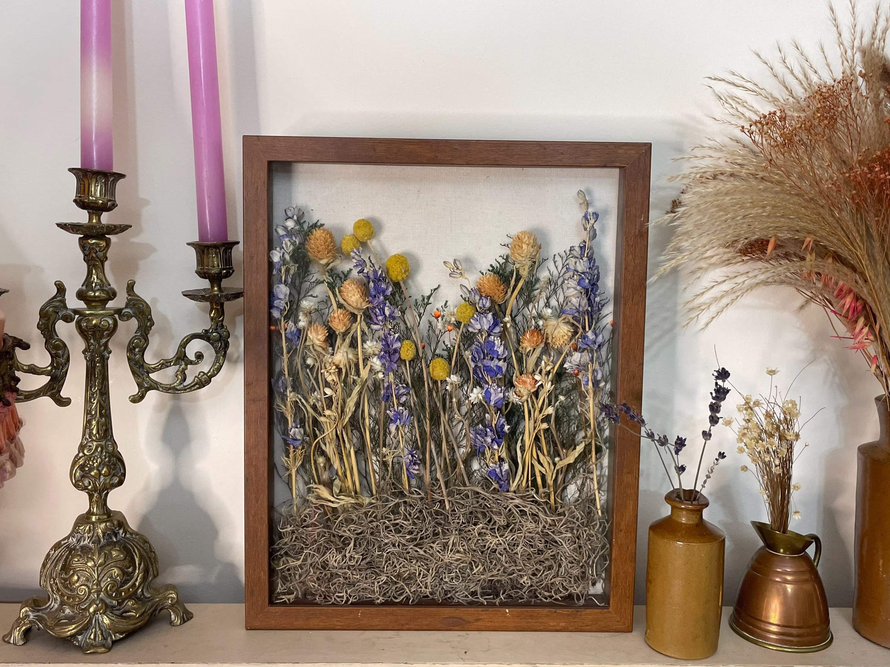 Vintage Wooden Shadow Box With Seeds & Dried Flowers /Nature Inspired/1990S Wall Decor 3D /Vintage