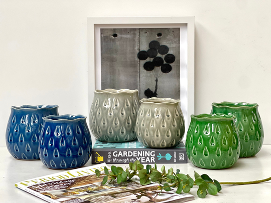 Honey Pot Style Plant Pots, Green/Grey Blue , Ceramic Indoor Glazed Embossed Pots