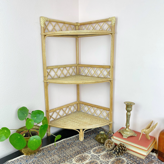 Bohemian Bamboo & Wicker Corner Shelf Unit/Boho Home 80S Vintage Bathroom Storage Plant Holder