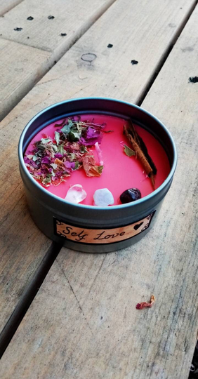 Self Love Spell Wiccan Pagan Wild Berry, Strawberry & Vanilla Soy Wax Crystal Candle With Herbs Rose Petals Spell Words Witch Cinnamon