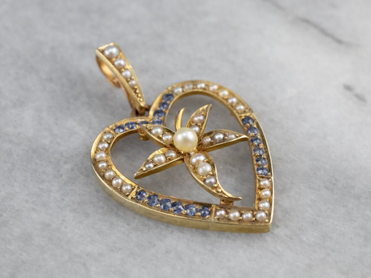 Antique Seed Pearl & Sapphire Floral Heart Pendant, Halo Yellow Gold Anniversary Gift Zr6Euu