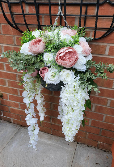 Artificial Luxury Hanging Basket - Blush Pink & White Brown Hanging Basket