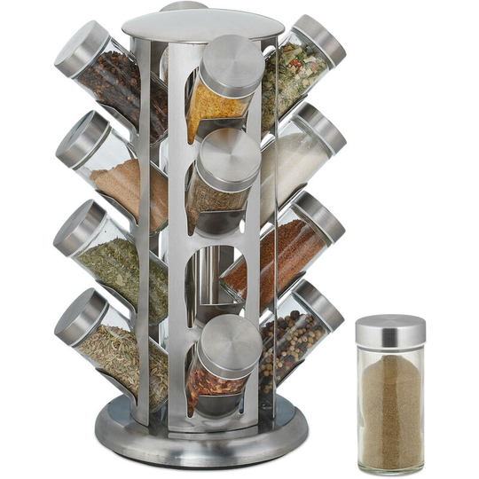 Spice Rack, 16 Glass Jars, Rotatable, Stainless Steel, h x d: approx. 33 x 22 cm, Silver - Relaxdays