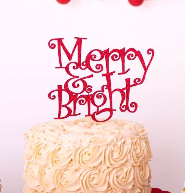 Christmas Cake Topper, Merry & Bright Party Decoration, & Seasonal Cake Topper