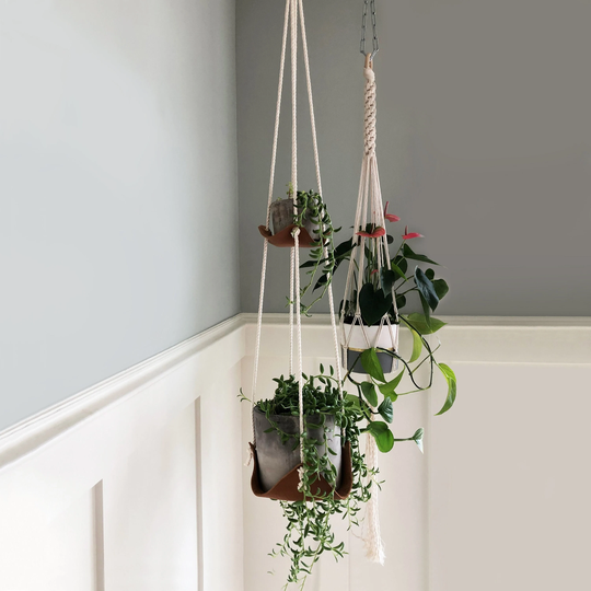 Double Indoor Hanging Plant Hanger Leather Hammock Jungle Air Macrame Holder Minimal Planter Decor