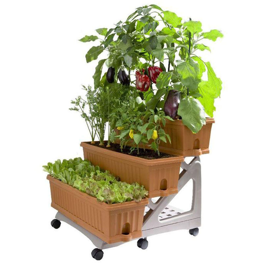 Orto Easy - Kit of 3 planters 80 cm with saucer and 3 levels trolley for compositions or vertical garden. Practical to move. Terracotta color. Made