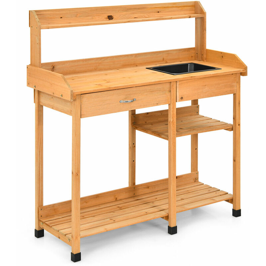 Wooden Potting Bench Outdoor Garden Plant Workstation w/ Sink Drawer & Hook