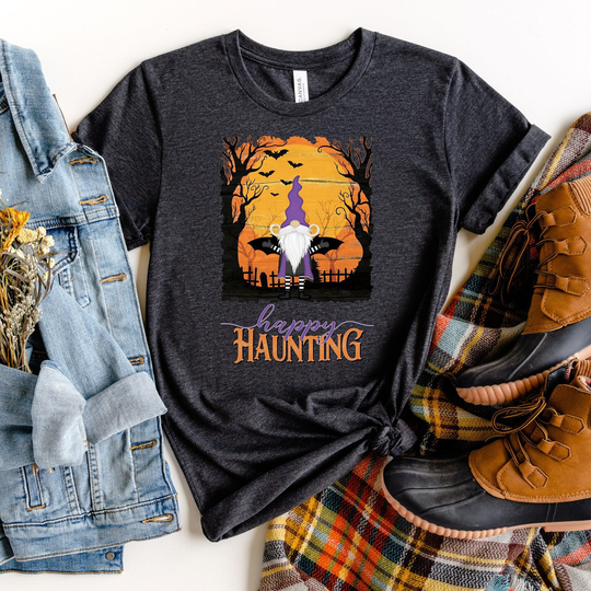 Halloween T-Shirt, Happy Haunting Gnome Tee Shirt, Fall Tee, Autumn Seasonal Halloween, Gnomes, Wings, Hat
