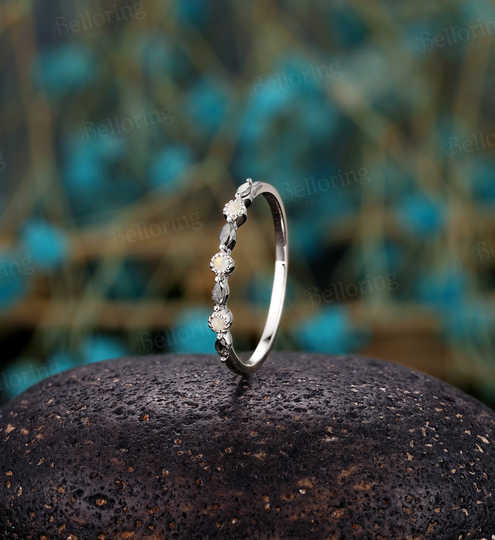 Marquise Salt & Pepper Diamond Wedding Band Vintage White Gold Half Eternity Ring Antique Milgrain Stacking Bands Round Opal Matching