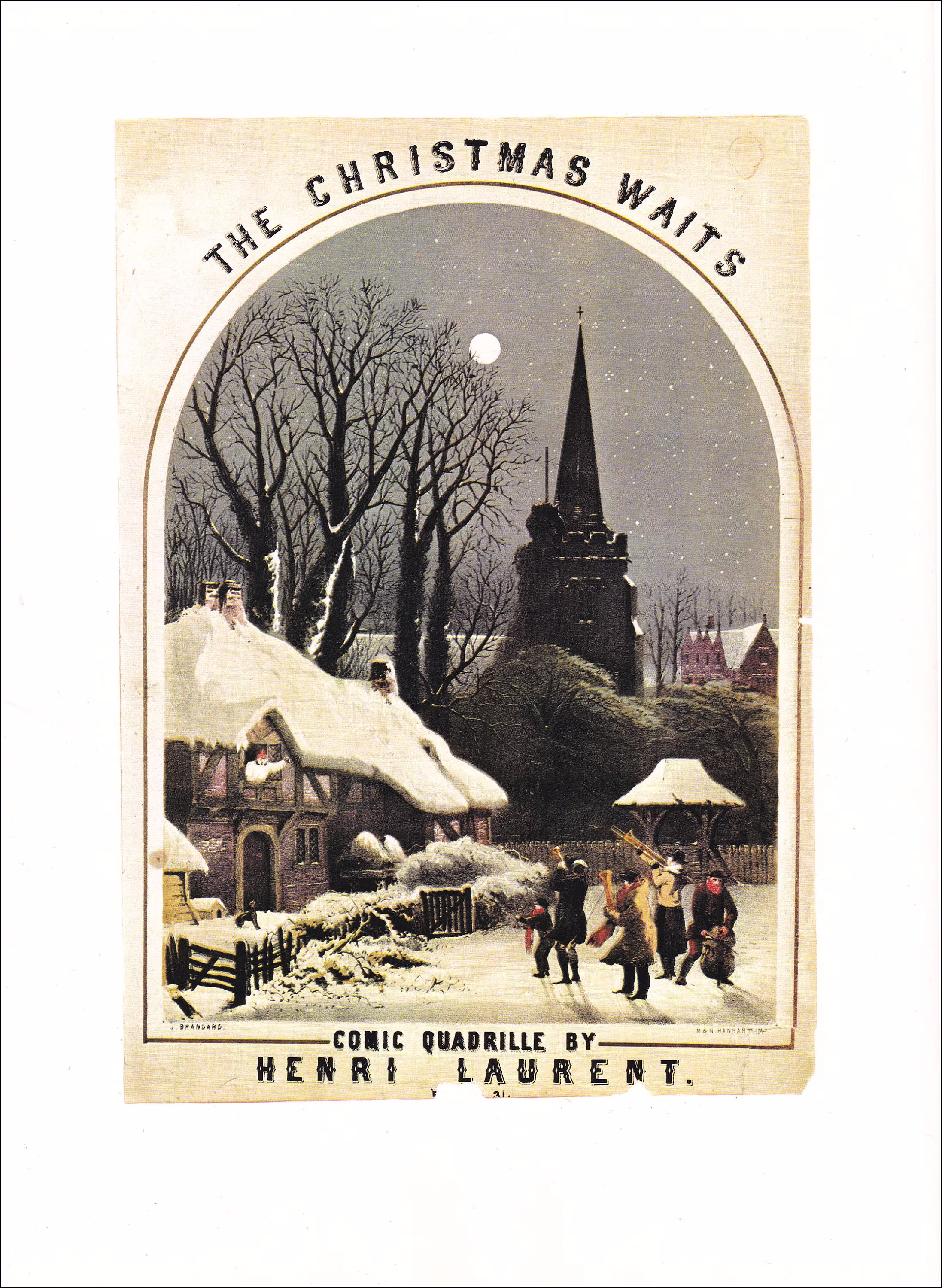 Seasonal Decor Christmas Snowy Village Vintage Fine Art Print Music Sheet Cover, English Town Snow Moonshine Quadrille
