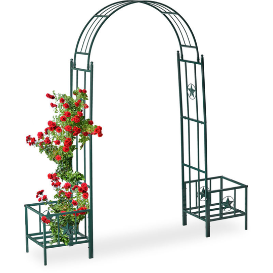 Relaxdays - Rose Arch with Planters, Weatherproof, Metal Trellis, Climbers Support, Garden, hwd 226x204x45 cm, Green