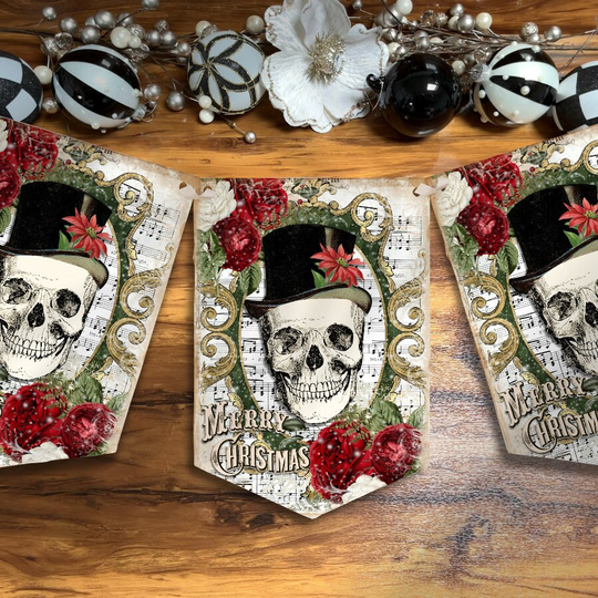 Vintage Skull Christmas Bunting Goth Banner Garland Gothic Party Decoration Xmas Holiday Decor Seasons Greetings