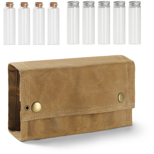 Portable Camping Condiment Bottle Storage Bag Mini Canvas Seasoning Storage Bottle Pouch with 9 Bottle for Outdoor Barbecue Cooking