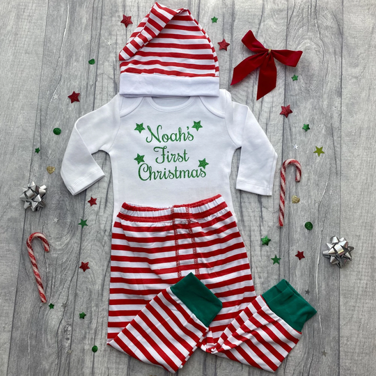 Babies First Christmas Personalised Outfit Set, Newborn Baby Long Sleeve Romper, Pants & Hat Festive Season, Green Design