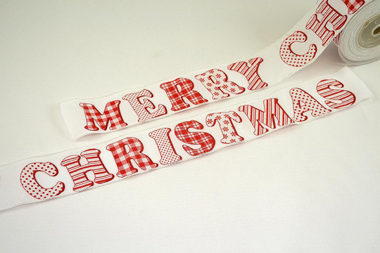 Merry Christmas Bold Font Printed Wired Ribbon By The Yard Red White Polka Dots Checkered Classic Square Seasonal Holiday Decor
