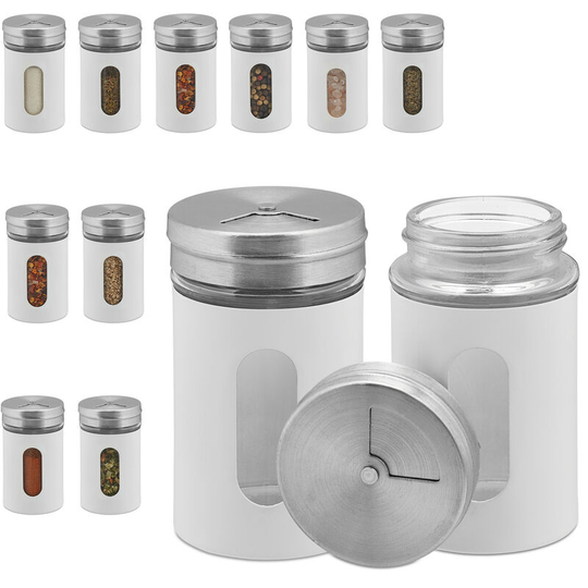 Spice jars, set of 12, 3 shaker functions, herbs & spices, glass jars, stainless steel, white/silver - Relaxdays