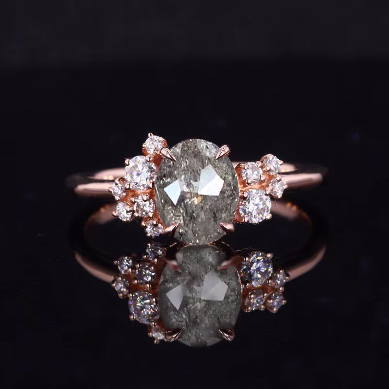 Oval Shape Natural Salt & Pepper Diamond Engagement Ring | Dainty in 9K/14K/18K Solid Rose, Yellow Or White Gold For Her
