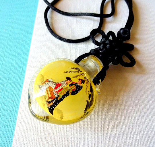 Vintage Églomisé Reverse Hand-Painted Snuff Bottle Geisha Necklace On Braided Silk Cord