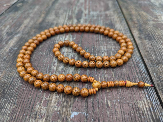 Vintage Moon & Star Bodhi Wood Seed White Lotus Mala Prayer Buddhist Necklace 108 Meditation Beads