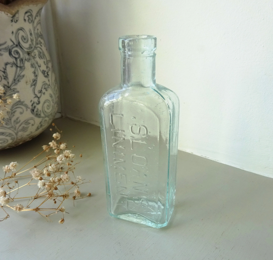 Antique Pale Aqua Glass Bottle Embossed Sloan's Liniment, Medicine, Horse Muscle Rub Pain Reliever, Illinois Glass Company Bottle, Bud Vase
