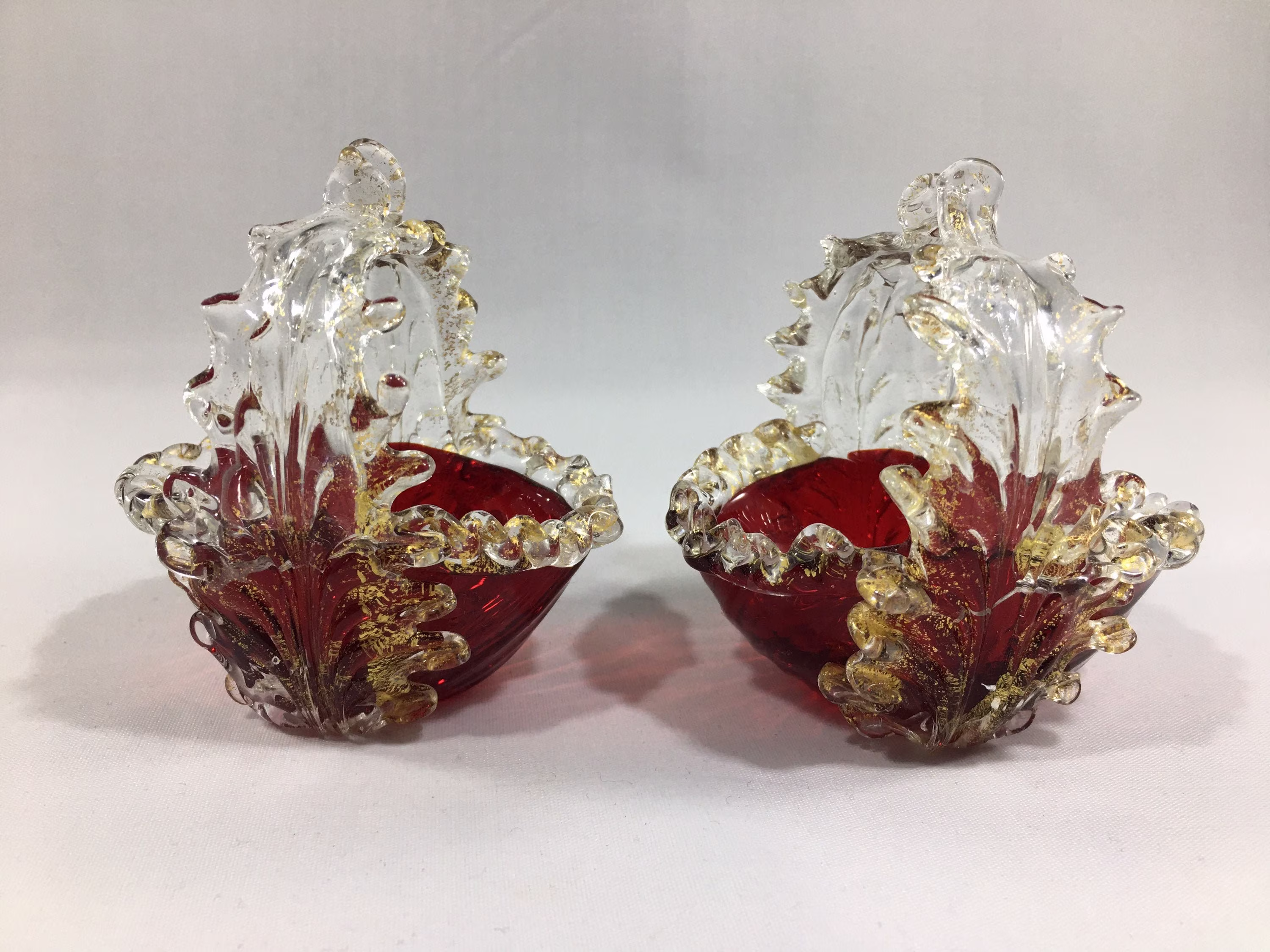 Vintage Italian Avem Murano Glass ~ | 2 Hand Blown Ruby Red & Gold Aventurine Art Glass Baskets/Open Salt Dishes 1950's Mcm Collectibles