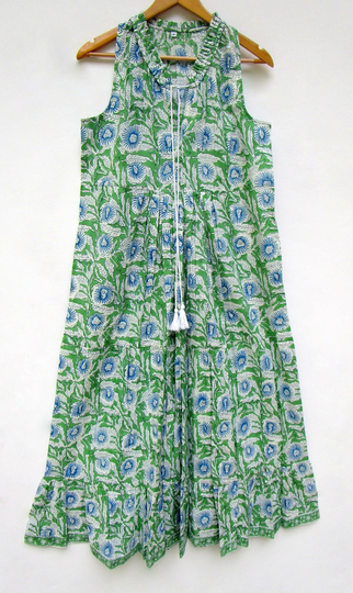 Summer Season Floral Printed Cotton Ruffle Maxi Dress - Sleeve Less Bohemian Style -Henley Neckline With Tassel