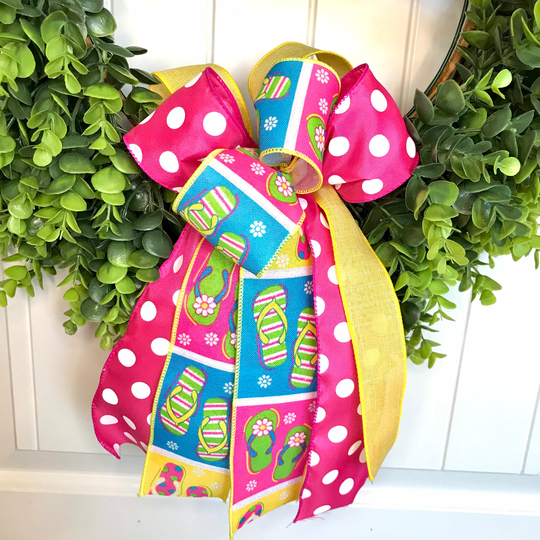Coastal Wreath Bow, Flip Flop Beach Bows For Wreath, Flag, Spring, Decor, Porch Planters, Lanterns, Ocean Sand, Beachy