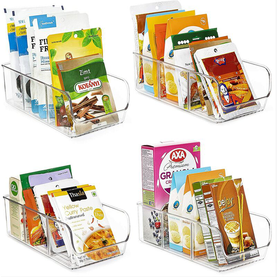 Briday - Food Packet Organizer Bins for Pantry Organization and Storage, 4 Pack Clear Plastic Holder for Organizing Seasoning Packets, Spice Packets,