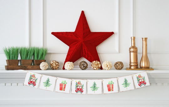 Christmas Home Decoration, Holiday Season Decor, Banner, Mantel Pine Tree, Colorful Holiday, Watercolor Garland