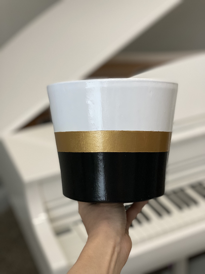 Hand Painted Modern Black, White, & Gold Terracotta Planter - 6.5