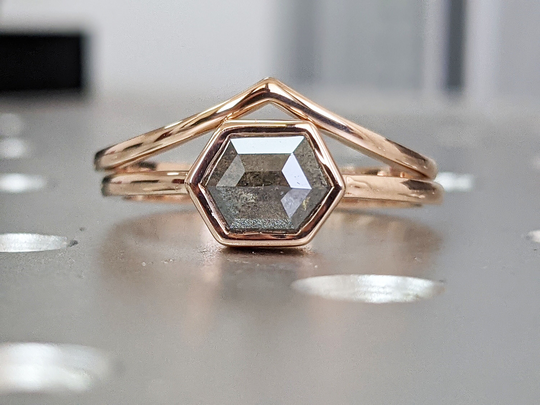Bezel Raw Diamond, Salt & Pepper, Hexagon, Unique Engagement Ring, Rose Cut Geometric Diamond 18K Gold, East To West