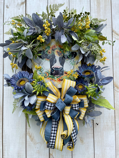 Cow Sunflower Blue Yellow Farmhouse Everyday All Season Summer Spring Wreath, For Front Door Porch Entrance Wall Hanging Home Decor Or Gift