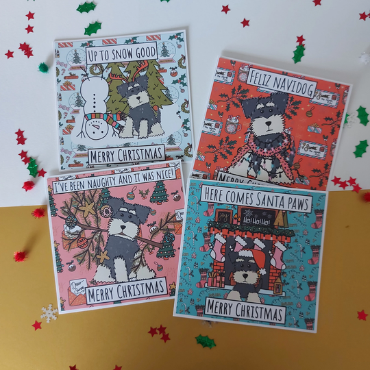 Miniature Schnauzer Dog Lover Unique Hand Illustrated Original Handmade Christmas Cards Seasons Greetings Happy Holidays Funny Dog Card