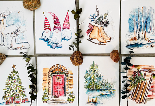 Package Of 8 Watercolour Blank Christmas Cards, No Words Holiday Illustrated & Winter Season Cards