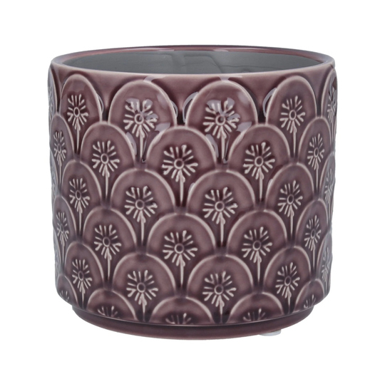 Purple Plant Pot Cover - Flower Pattern Planter- Glazed Ceramic Holder- Geometric Arc Indoor House