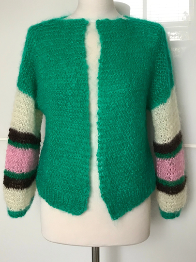 Emerald Green Mohair Short Cardigan, Hand Knitted Jade Sweater With Striped Sleeves, All Seasons Size S/M, Christmas Gift Idea