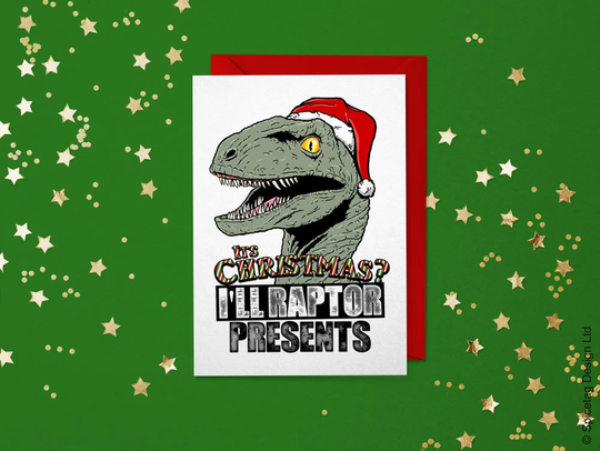 Christmas Card I'll Raptor Presents Seasons Greetings Cards Retro Father Xmas 80's St. Nick Merry Happy T-Rex Life Hat Pop Culture Movie New
