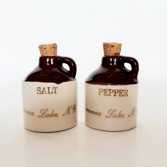 Mid Century Mcm Ceramic Crock Whiskey Jug Salt & Pepper Shaker Set