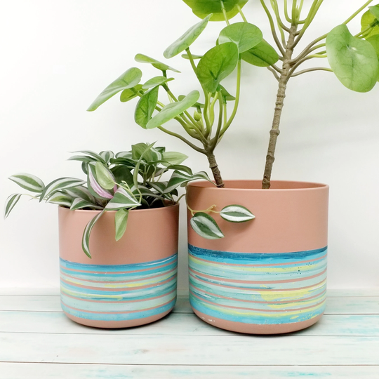 Sustainable Indoor Planter - 14 & 16 cm Diameter, Made Of Recycled Plastic, Terracotta Pink + Stripy Blue Melange