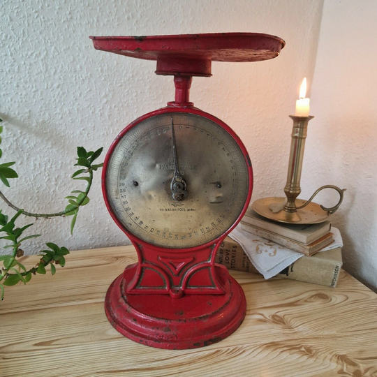 Large Vintage Rustic Salter Family Weighing Red Kitchen Scales No.50 Cast Iron & Brass ~ Antique Kitchenware British