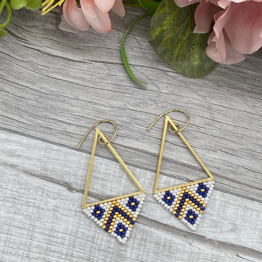 Handwoven Earrings. Seed Bead Nautical Geometric Minimalist, Boho Style, Brass And