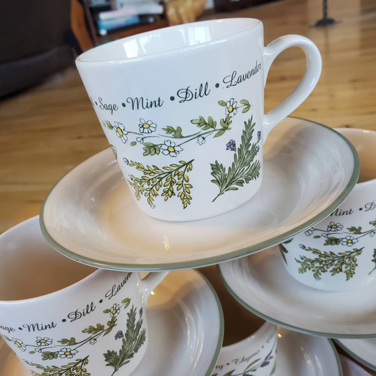 Corelle Thymeless Mugs Saucers, Six Sets Included | 6 Cups & 6 Saucers, Herbal Naturalist Gift, China Galore, Very Good