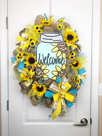 Sunflower Wreath For Front Door, Summer Leopard Wreath, Farmhouse, Mason Jar, Autumn Decor, Everyday All Seasons, Housewarming Gift