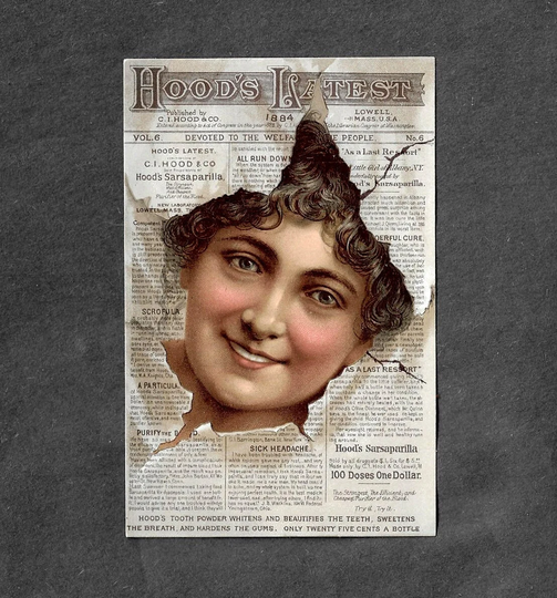 Victorian Trade Card 1884 Hood's Latest Newspaper Medicine Advertising Woman's Head Paper Ephemera Scrapbook